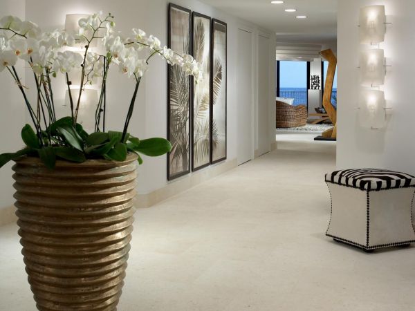 Contemporary White Foyer With Potted Orchids and Art