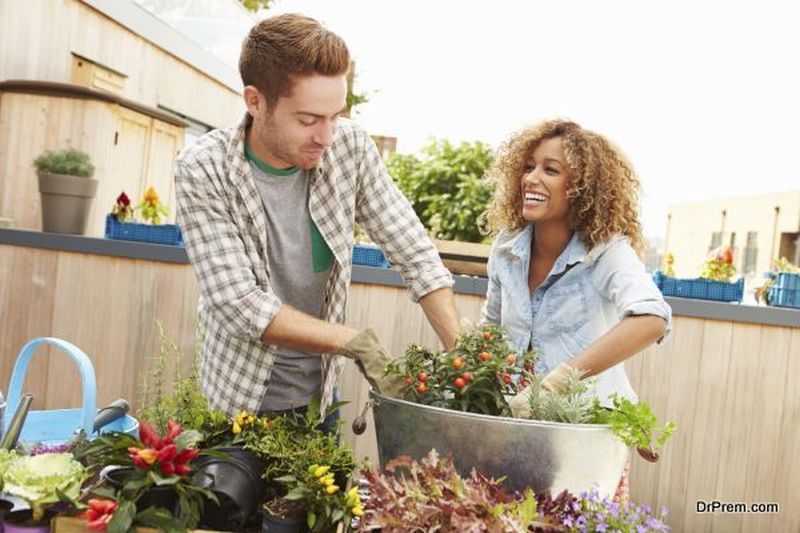 Mixed Race Couple Planting Rooftop Garden Together