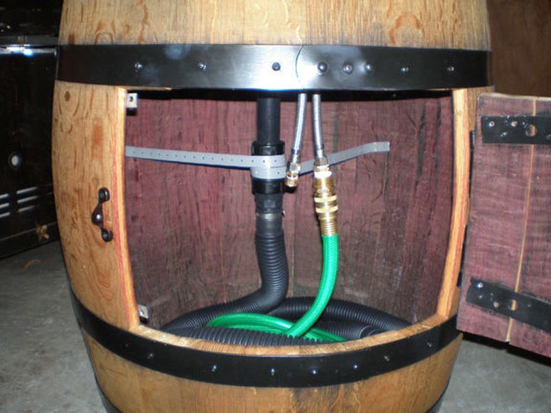 Wine barrel outdoor sink The wine barrel can again be used quite creatively if you make washbasin out of it. You can install this washbasin made out of wine barrel outside your home.  The wine barrel really looks awesome as a sink.