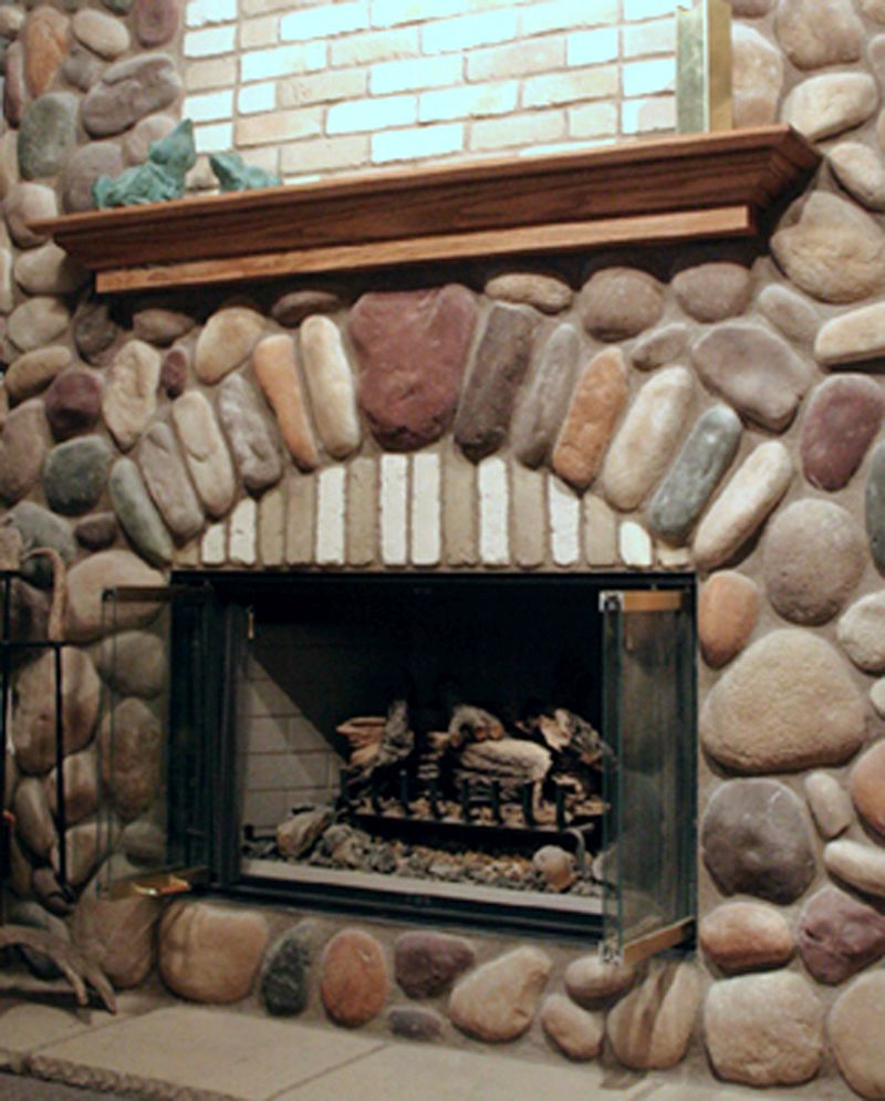 River rocks fireplace